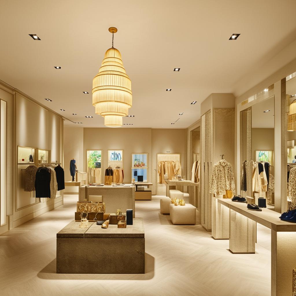 Interior of a boutique shop, meticulously designed with chic decor, elegant clothing displays, plush fitting rooms, and stylish lighting fixtures.