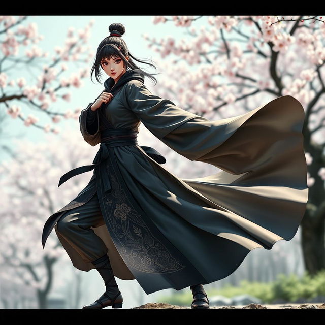 A female ninja dressed in a flowing, long robe that gracefully moves as she stands in a dynamic pose