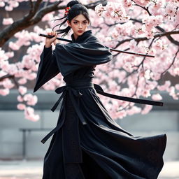 A female ninja dressed in a flowing, long robe that gracefully moves as she stands in a dynamic pose