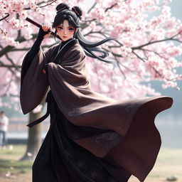 A female ninja dressed in a flowing, long robe that gracefully moves as she stands in a dynamic pose