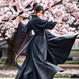 A female ninja dressed in a flowing, long robe that gracefully moves as she stands in a dynamic pose