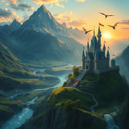 A breathtaking fantasy landscape featuring soaring mountains in the background, lush green valleys, and a sparkling river flowing through the scene