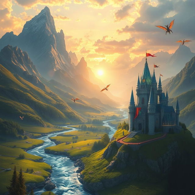 A breathtaking fantasy landscape featuring soaring mountains in the background, lush green valleys, and a sparkling river flowing through the scene