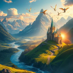 A breathtaking fantasy landscape featuring soaring mountains in the background, lush green valleys, and a sparkling river flowing through the scene