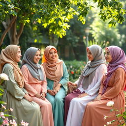 A group of diverse, elegant women in traditional hijab, representing various cultures, engaged in a serene discussion in a beautiful garden