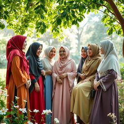 A group of diverse, elegant women in traditional hijab, representing various cultures, engaged in a serene discussion in a beautiful garden