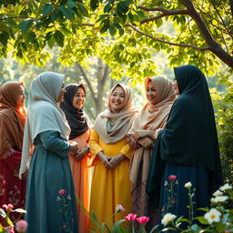 A group of diverse, elegant women in traditional hijab, representing various cultures, engaged in a serene discussion in a beautiful garden