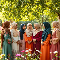 A group of diverse, elegant women in traditional hijab, representing various cultures, engaged in a serene discussion in a beautiful garden