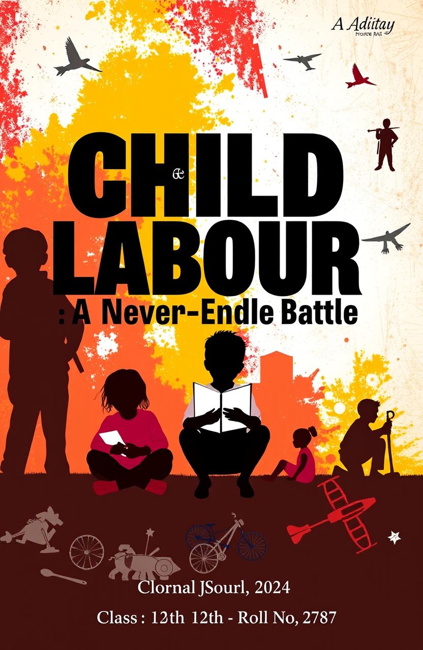 A vibrant and eye-catching cover design for an ASL project on child labour, featuring the title 'Child Labour: A Never-Ending Battle' prominently in bold, striking typography