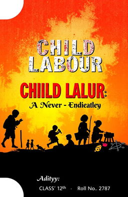 A vibrant and eye-catching cover design for an ASL project on child labour, featuring the title 'Child Labour: A Never-Ending Battle' prominently in bold, striking typography