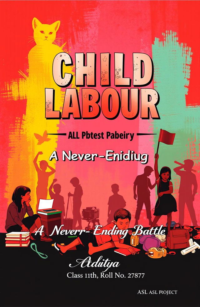 A vibrant and eye-catching cover design for an ASL project on child labour, featuring the title 'Child Labour: A Never-Ending Battle' prominently in bold, striking typography