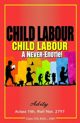 A vibrant and eye-catching cover design for an ASL project on child labour, featuring the title 'Child Labour: A Never-Ending Battle' prominently in bold, striking typography