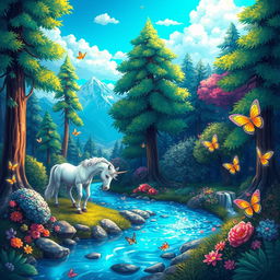 A colorful and vibrant illustration of a fantasy forest filled with magical creatures