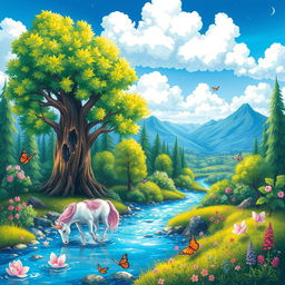A colorful and vibrant illustration of a fantasy forest filled with magical creatures