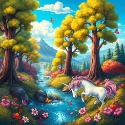 A colorful and vibrant illustration of a fantasy forest filled with magical creatures