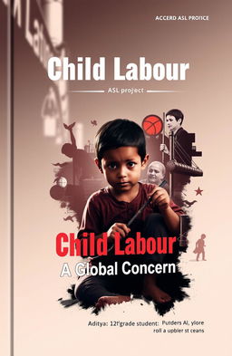 A cover design for an ASL project on child labour, created by Aditya, a 12th-grade student, roll number 2787