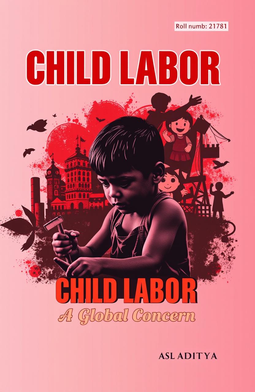 A cover design for an ASL project on child labour, created by Aditya, a 12th-grade student, roll number 2787