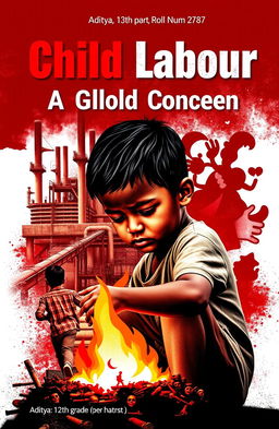 A cover design for an ASL project on child labour, created by Aditya, a 12th-grade student, roll number 2787
