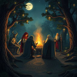 A high fantasy Dungeons and Dragons scene featuring a heroic party of adventurers gathered around a mystical campfire in an enchanted forest