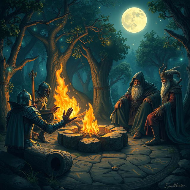 A high fantasy Dungeons and Dragons scene featuring a heroic party of adventurers gathered around a mystical campfire in an enchanted forest