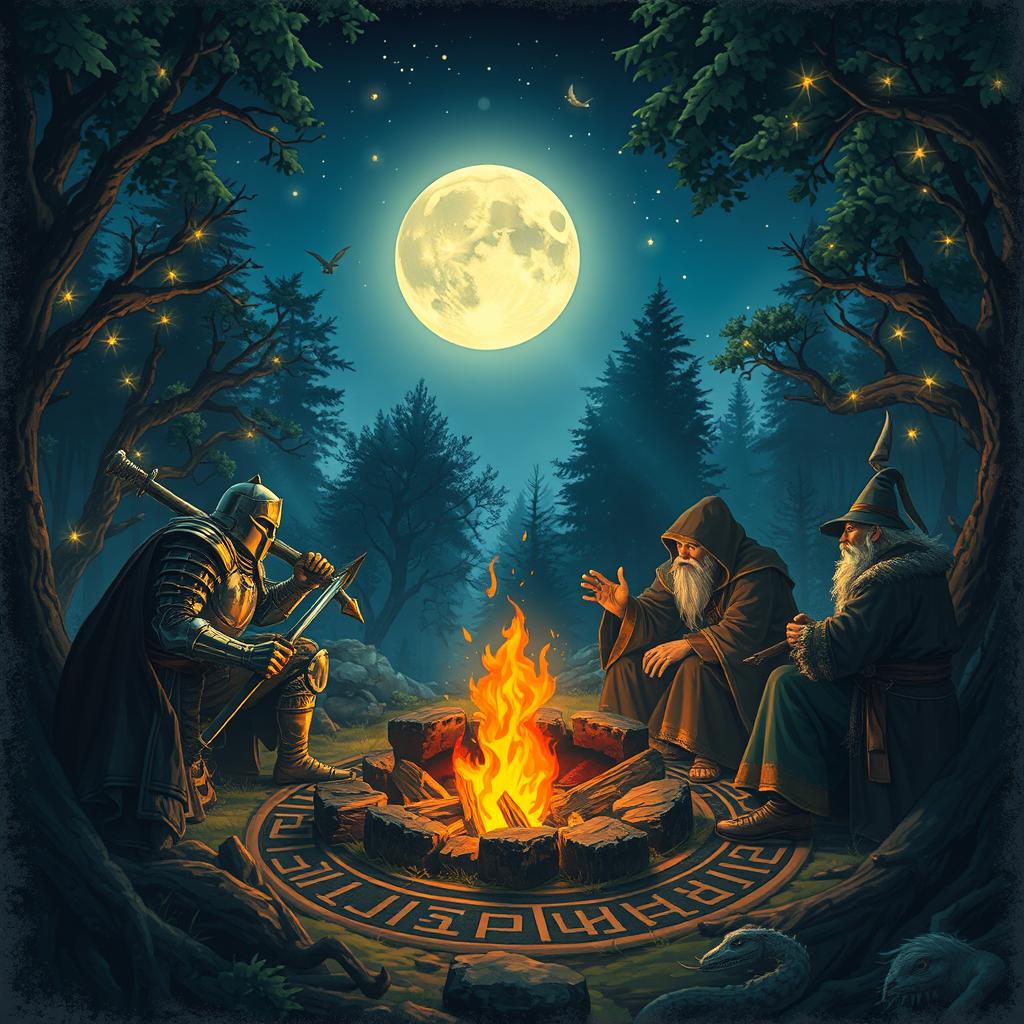 A high fantasy Dungeons and Dragons scene featuring a heroic party of adventurers gathered around a mystical campfire in an enchanted forest