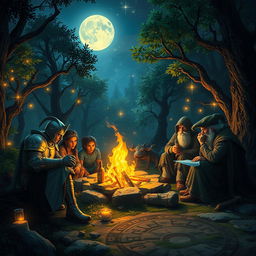 A high fantasy Dungeons and Dragons scene featuring a heroic party of adventurers gathered around a mystical campfire in an enchanted forest