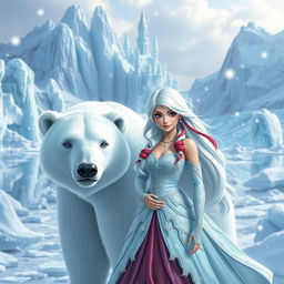 An enchanting icy kingdom filled with magnificent ice sculptures and towering glaciers, featuring a stunning ice castle in the distance