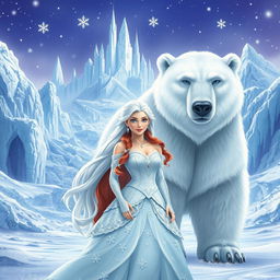 An enchanting icy kingdom filled with magnificent ice sculptures and towering glaciers, featuring a stunning ice castle in the distance
