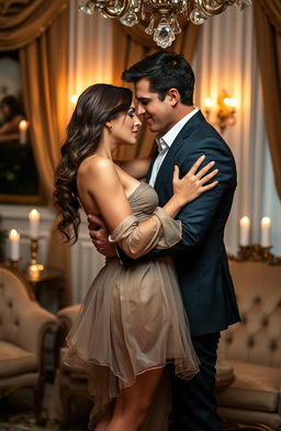 A passionate and intense romantic scene between two lovers in a beautifully decorated room
