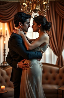 A passionate and intense romantic scene between two lovers in a beautifully decorated room