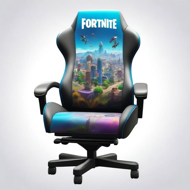 A detailed HD illustration of vibrant Tilted Towers from Fortnite, intricately portrayed on the back of a gaming chair.