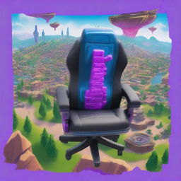 A detailed HD illustration of vibrant Tilted Towers from Fortnite, intricately portrayed on the back of a gaming chair.