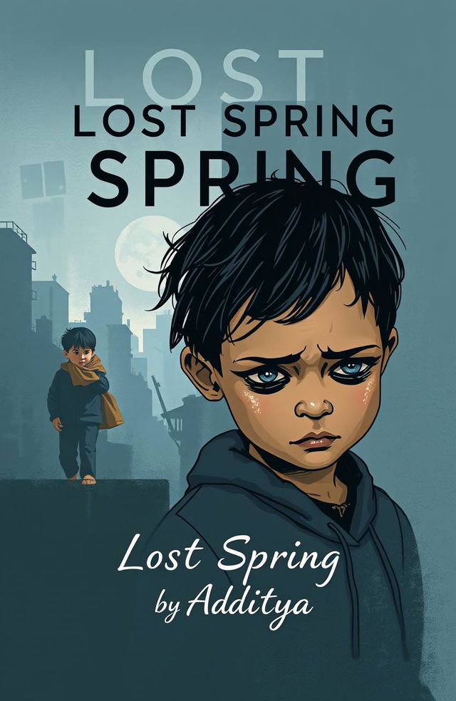 A striking and thought-provoking book cover design for a project on child labor, inspired by the chapter 'Lost Spring' by Aditya