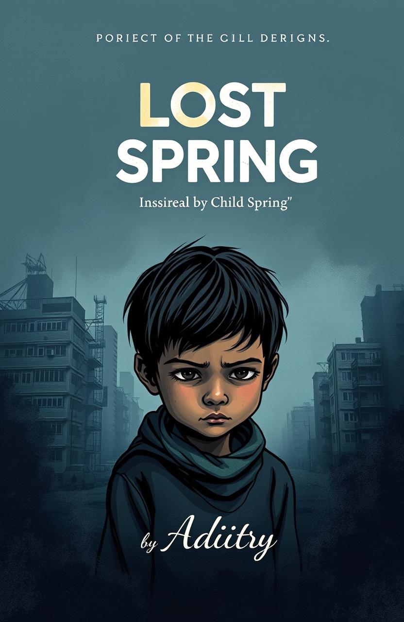 A striking and thought-provoking book cover design for a project on child labor, inspired by the chapter 'Lost Spring' by Aditya