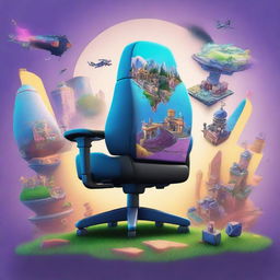 A detailed HD illustration of vibrant Tilted Towers from Fortnite, intricately portrayed on the back of a gaming chair.