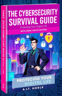 A visually engaging book cover for 'The Cybersecurity Survival Guide', featuring a futuristic city skyline with digital code overlay, vibrant neon colors, and an illustration of a strong, confident person in a sleek, modern outfit, using a holographic interface to interact with floating security icons like locks and shields