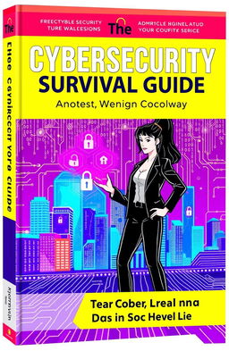 A visually engaging book cover for 'The Cybersecurity Survival Guide', featuring a futuristic city skyline with digital code overlay, vibrant neon colors, and an illustration of a strong, confident person in a sleek, modern outfit, using a holographic interface to interact with floating security icons like locks and shields