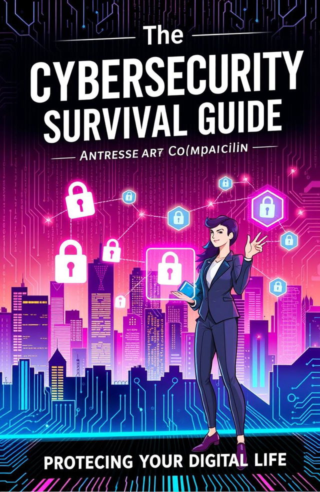 A visually engaging book cover for 'The Cybersecurity Survival Guide', featuring a futuristic city skyline with digital code overlay, vibrant neon colors, and an illustration of a strong, confident person in a sleek, modern outfit, using a holographic interface to interact with floating security icons like locks and shields