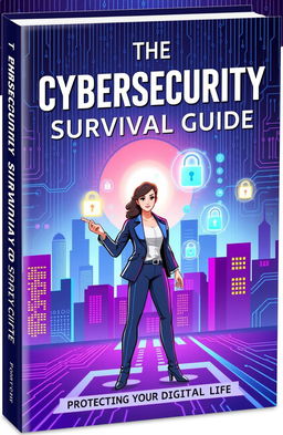 A visually engaging book cover for 'The Cybersecurity Survival Guide', featuring a futuristic city skyline with digital code overlay, vibrant neon colors, and an illustration of a strong, confident person in a sleek, modern outfit, using a holographic interface to interact with floating security icons like locks and shields