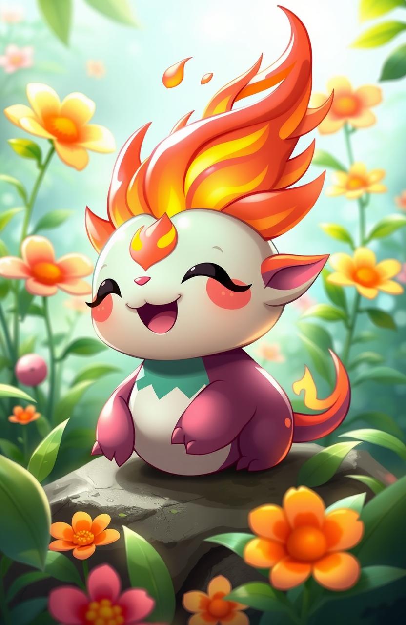 A vibrant and colorful chibi-style creature inspired by Guoba from Genshin Impact, featuring a small round body, a cheerful expression, and flames gently dancing on its head reminiscent of a warm, magical fire