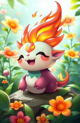 A vibrant and colorful chibi-style creature inspired by Guoba from Genshin Impact, featuring a small round body, a cheerful expression, and flames gently dancing on its head reminiscent of a warm, magical fire