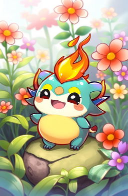 A vibrant and colorful chibi-style creature inspired by Guoba from Genshin Impact, featuring a small round body, a cheerful expression, and flames gently dancing on its head reminiscent of a warm, magical fire