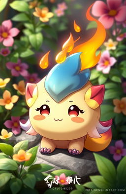 A vibrant and colorful chibi-style creature inspired by Guoba from Genshin Impact, featuring a small round body, a cheerful expression, and flames gently dancing on its head reminiscent of a warm, magical fire