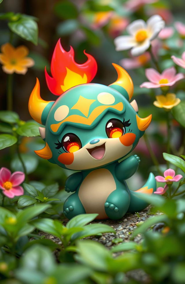 A vibrant and colorful chibi-style creature inspired by Guoba from Genshin Impact, featuring a small round body, a cheerful expression, and flames gently dancing on its head reminiscent of a warm, magical fire