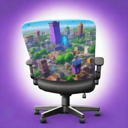 A detailed HD illustration of vibrant Tilted Towers from Fortnite, intricately portrayed on the back of a gaming chair.