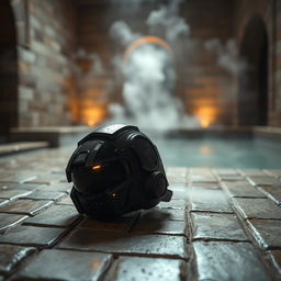 A cybernetic Borg eye piece visor, detached from a futuristic drone, lying abandoned on aged stone tiles of a medieval bathhouse styled like a hammam
