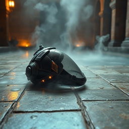 A cybernetic Borg eye piece visor, detached from a futuristic drone, lying abandoned on aged stone tiles of a medieval bathhouse styled like a hammam