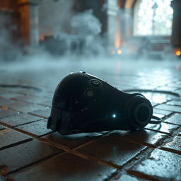 A cybernetic Borg one-eye piece visor, detached from a futuristic drone, lying abandoned on aged stone tiles of a medieval bathhouse styled like a hammam