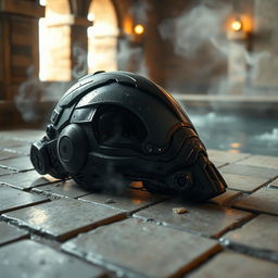 A cybernetic Borg one-eye piece visor, detached from a futuristic drone, lying abandoned on aged stone tiles of a medieval bathhouse styled like a hammam