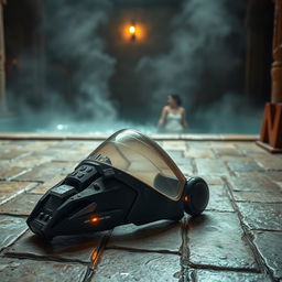 A cybernetic Borg one-eye piece visor, detached from a futuristic drone, lying abandoned on aged stone tiles of a medieval bathhouse styled like a hammam